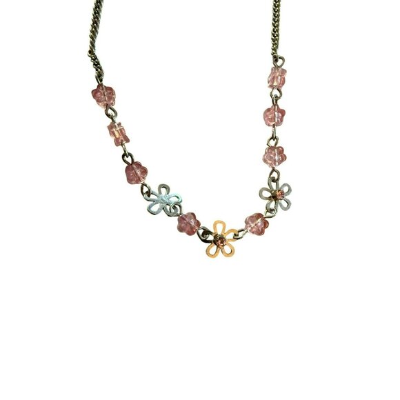 Lia Sophia Silver Tone & Pink Flower Bead Necklace Adjustable Womens Jewelry - Picture 2 of 4